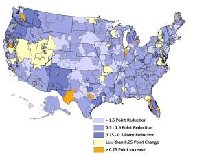 Map of the United States.  Shows readmission rates declined in the vast majority of HRRs and improvement was widespread throughout the country.  Rates increased in a small number of HRRs with increases not focused in particular areas of the country.